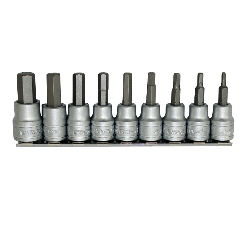 Teng Tools 9 Piece 3/8 inch Drive Metric Hex Bit Sockets on Clip Rail M3812TENG