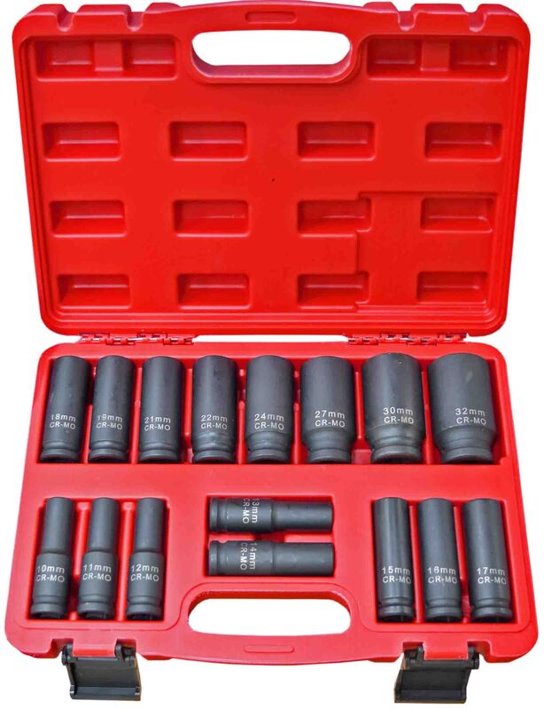 Socket Set - 16Pc 1/2 Dr Deep Impact Metric 78Mm 6Pt 10, 11, 12, 13, 14, 15, 16, 17, 18, 19, 21, 22, 24, 27, 30 & 32Mm Cr-Mo