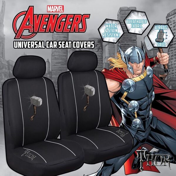 Marvel Avengers Seat Covers Front Pair Black Universal Size 30 Airbag Safe Thor