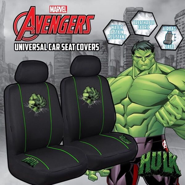 Marvel Avengers Seat Covers Front Pair Black Universal Size 30 Airbag Safe Hulk
