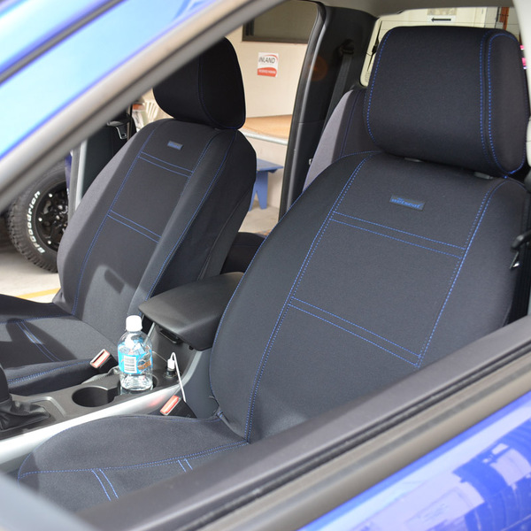 Wet Seat Black Neoprene Seat Covers Toyota Hilux SR/SR5 Dual Cab 9/2015-On Blue Stitching