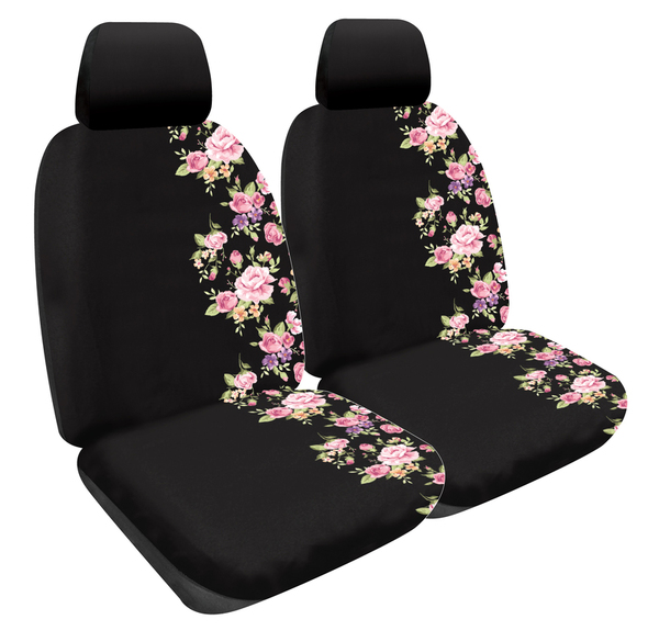 Tropics Floral Vintage Rose Polyester Seat Covers Front Pair Black Size 30 Airbag Safe