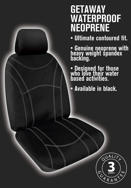 Getaway Black Neoprene Wetsuit White Stitch Front Car Seat Covers Expander Fit Size 30 One Pair
