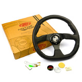 Saas 14in Leather Sports Steering Wheel ADR Approved Black Flat Bottom D1-SWB-F