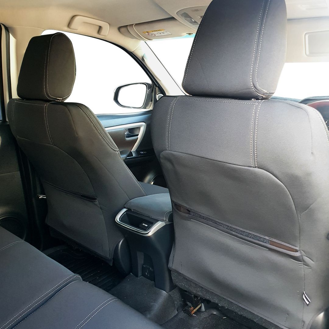 Wet Seat Black Neoprene Seat Covers suits Toyota Fortuner Black Edition Wagon 2015-On Black with Charcoal stitching Bundle