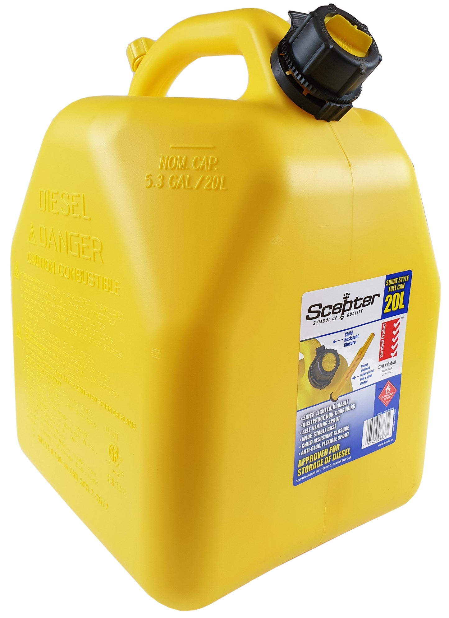 Scepter Diesel Plastic Fuel Can 20 Litre Squat Style - Yellow D205