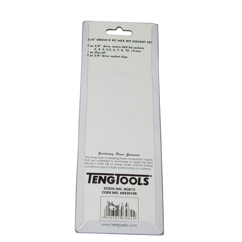 Teng Tools  9 Piece 3/8 inch Drive Metric Hex Bit Sockets on Clip Rail M3812TENG
